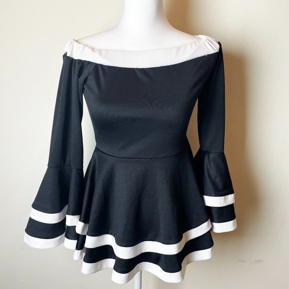 Black and White Peplum Off The Shoulder Top | Size Small